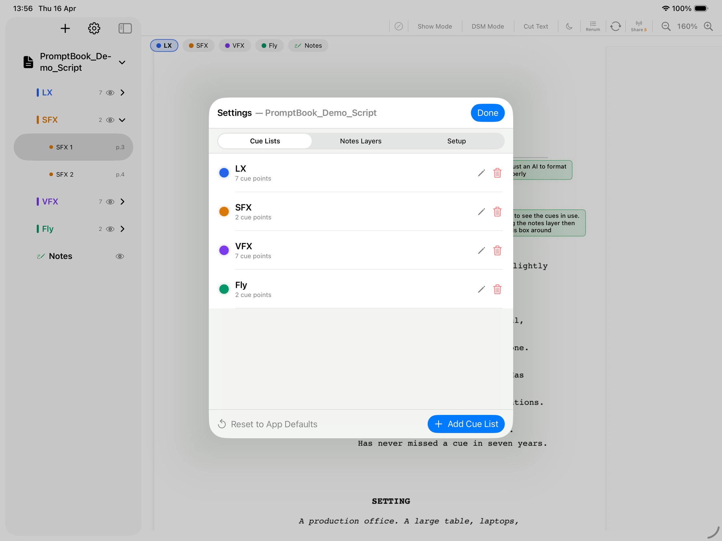 iPad – Cue list setup