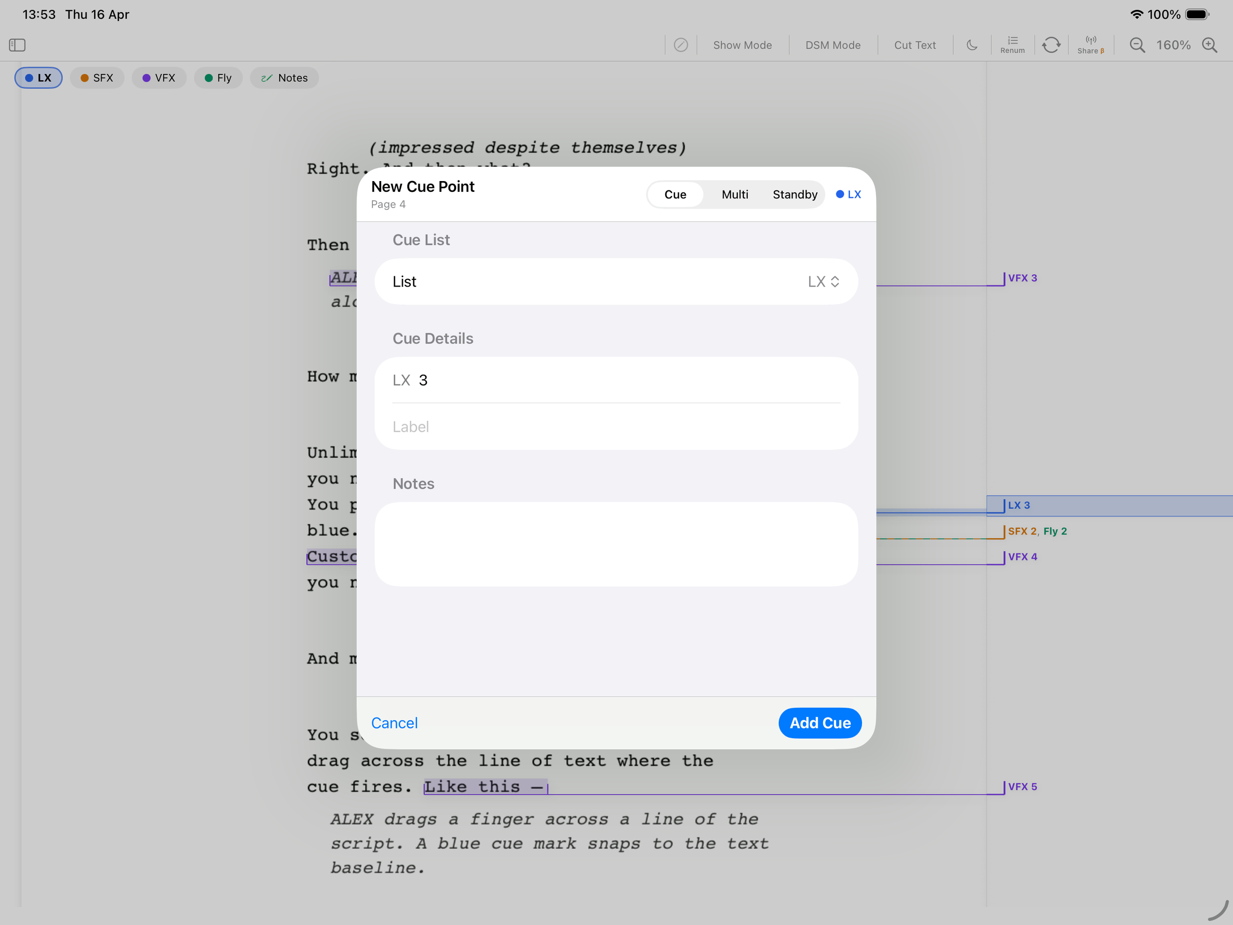 iPad – Adding a new cue
