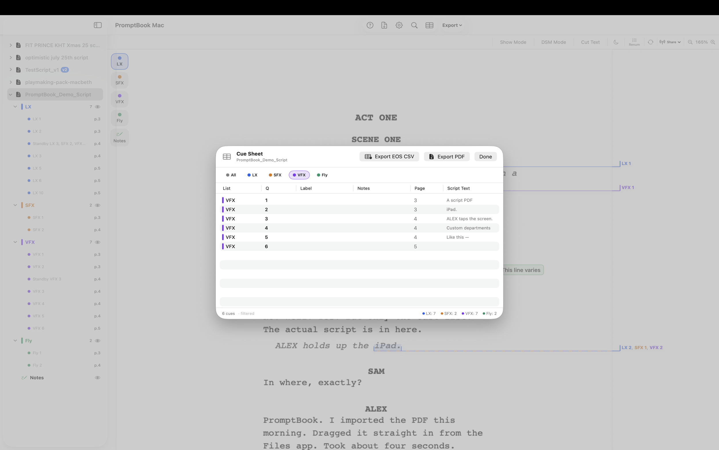 Mac – Cue list