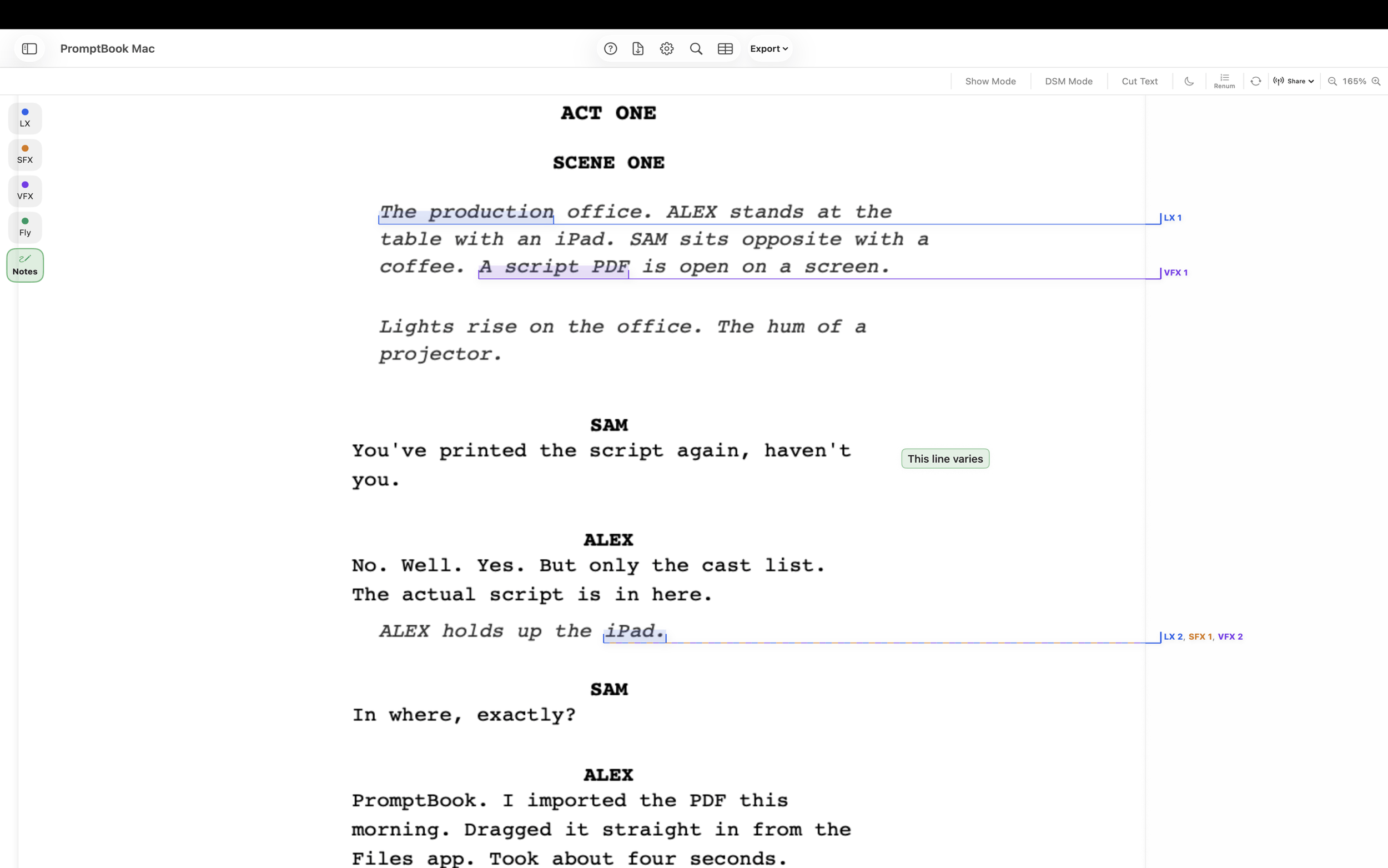 Mac – Cues on script