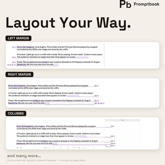 All layouts — choose cue side, notes side, cross-page or inline