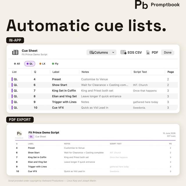 Cue lists — colour-coded lists with numbers, labels and notes