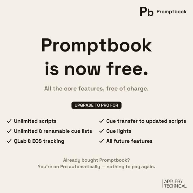 Promptbook is now free — all the core features, free of charge; upgrade to Pro for unlimited scripts, cue lists, console tracking, cue transfer and cue lights