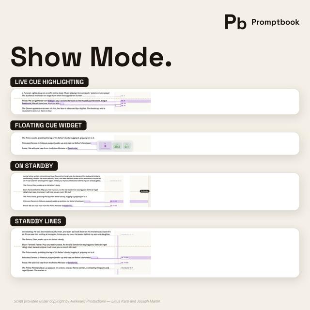 Show Mode — live cue highlighting, floating cue widget, standby indicators and standby lines
