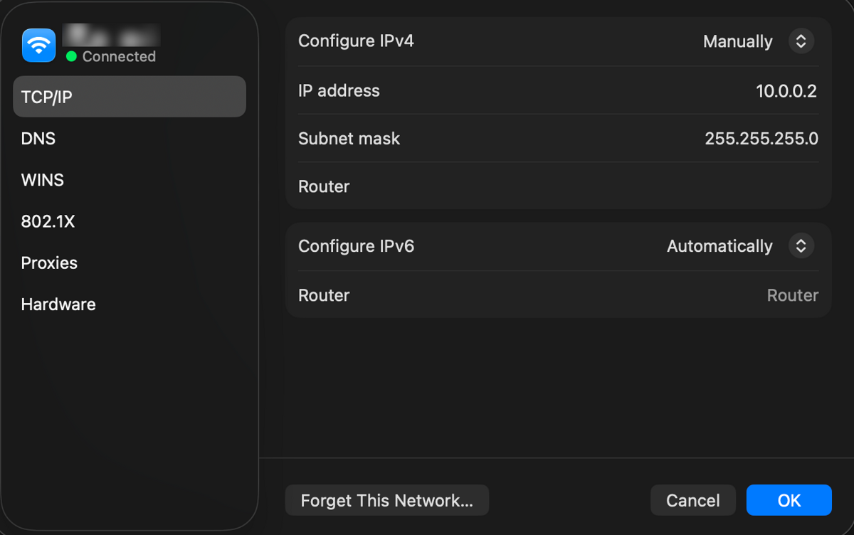 macOS TCP/IP settings with Configure IPv4 set to Manually, IP address 10.0.0.2, subnet mask 255.255.255.0 and no router