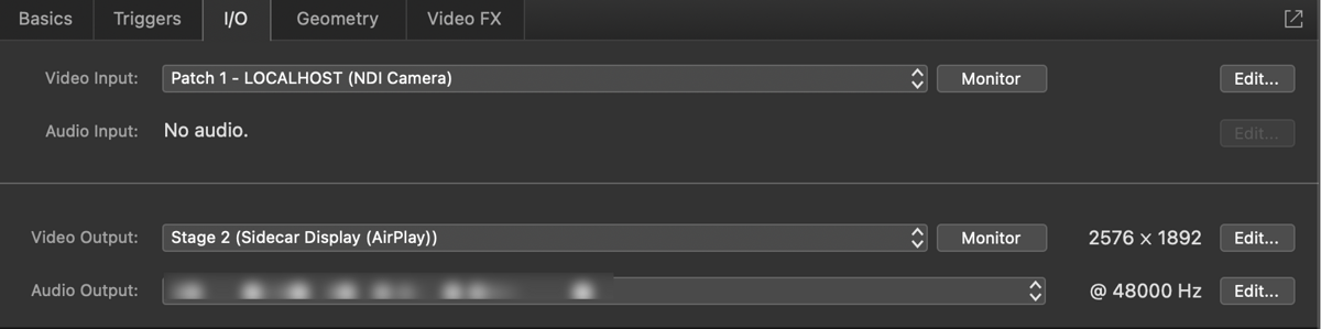 QLab camera cue I/O tab with the NDI camera as Video Input and Stage 2 as Video Output
