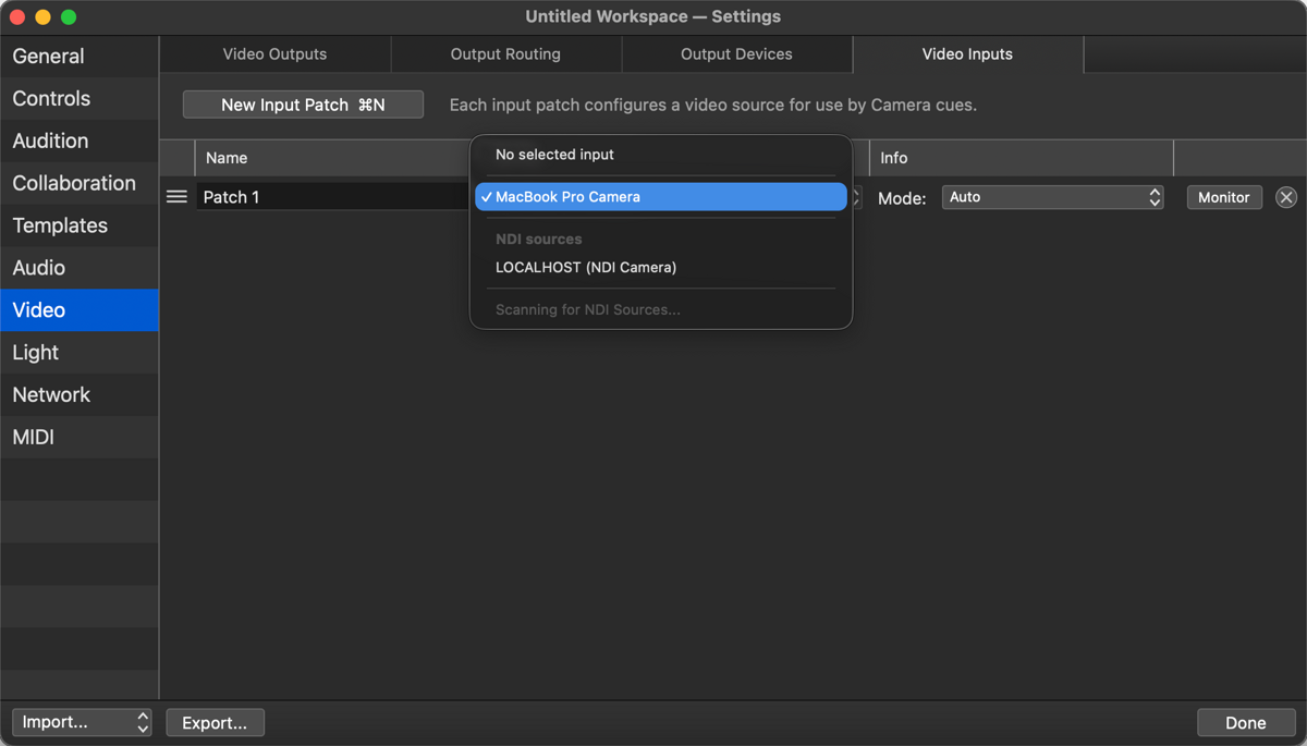 QLab Device drop-down listing the phone under NDI sources