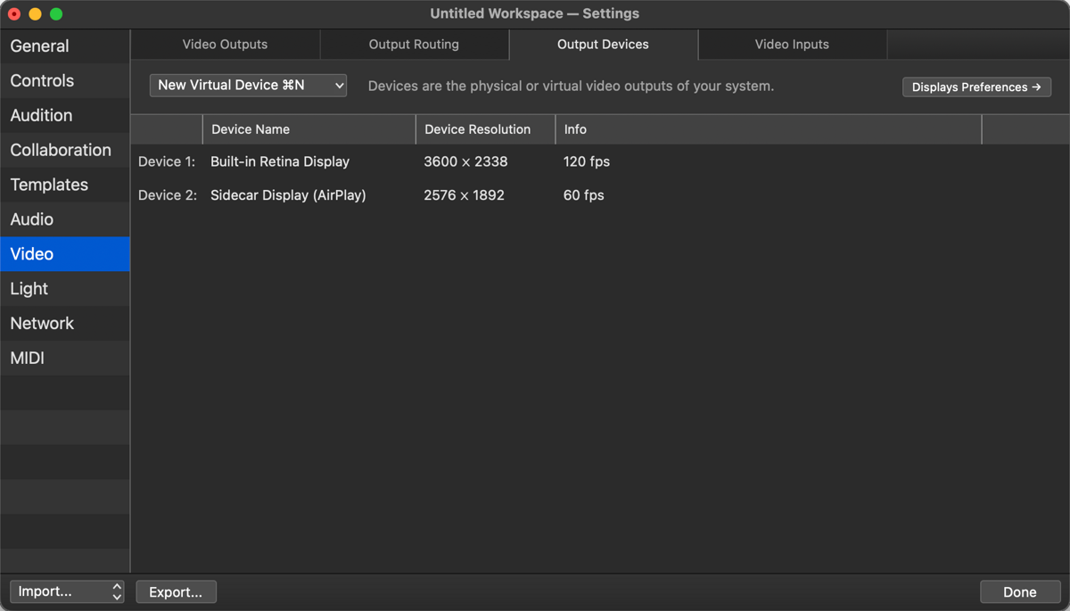 QLab Video settings, Output Devices tab listing the Built-in Retina Display and a Sidecar Display (AirPlay)