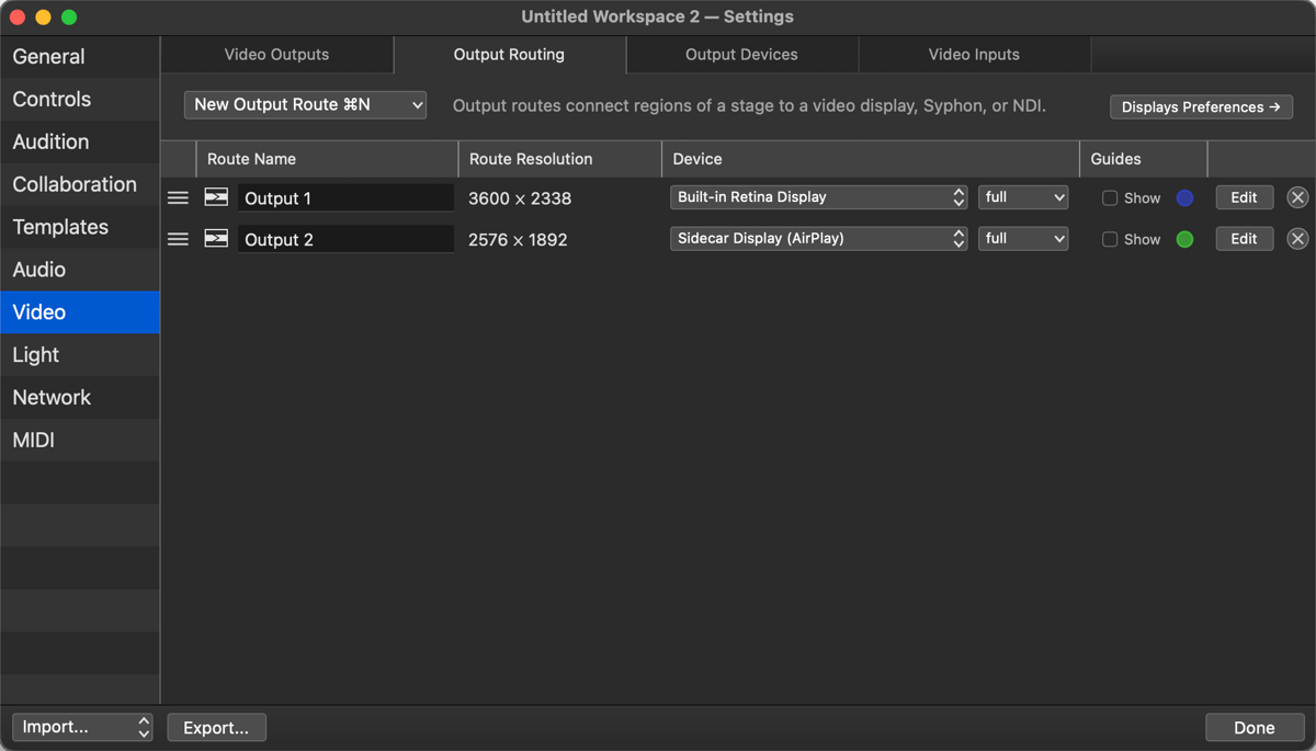 QLab Output Routing tab with Output 1 on the Built-in Retina Display and Output 2 on the Sidecar Display