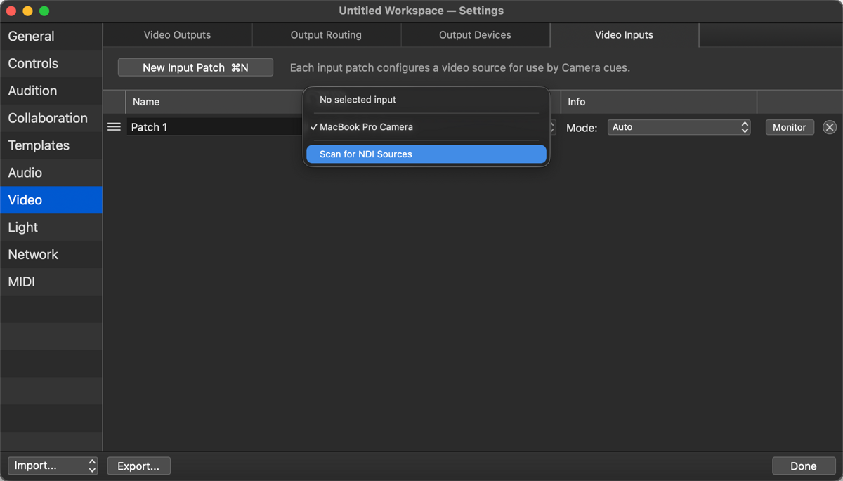 QLab Video Inputs tab with the Device drop-down open and Scan for NDI Sources highlighted