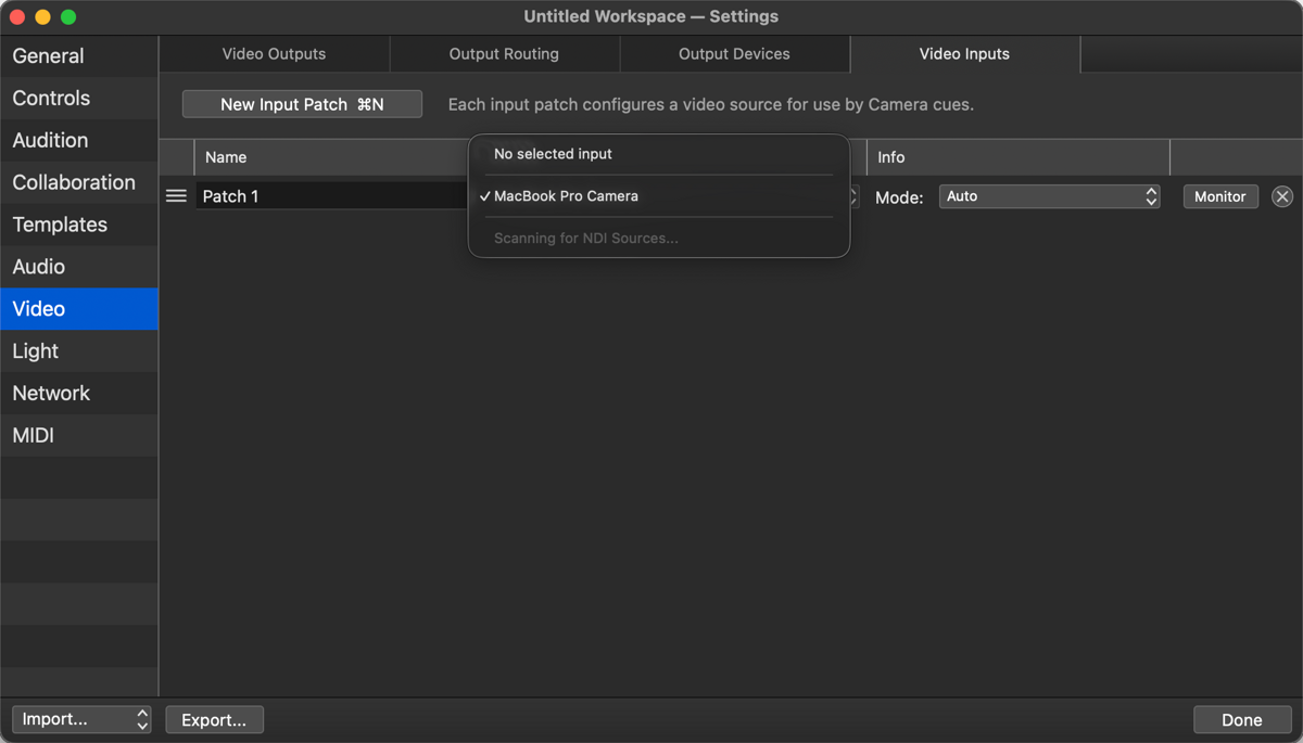 QLab Device drop-down showing Scanning for NDI Sources
