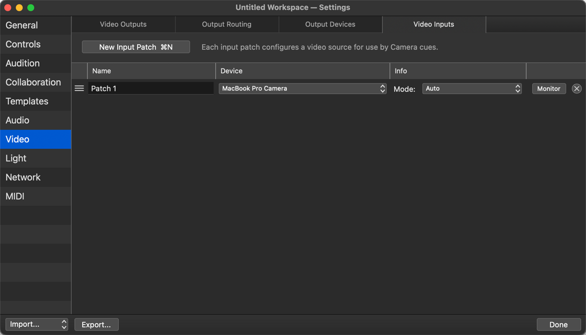 QLab Video Inputs tab with the default Patch 1 set to the MacBook Pro Camera