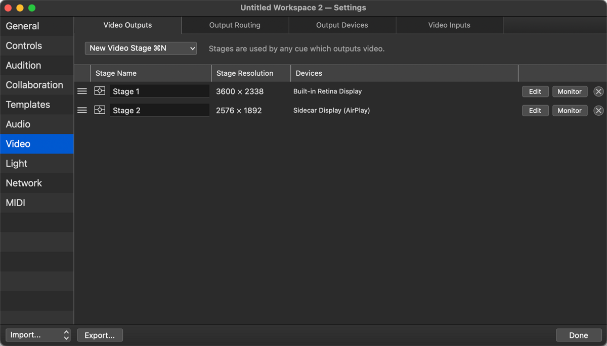 Licensed QLab Video Outputs tab with Stage 1 on the Built-in Retina Display and Stage 2 on the Sidecar Display