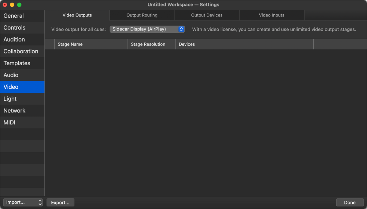 Unlicensed QLab Video Outputs tab with Video output for all cues set to the Sidecar Display