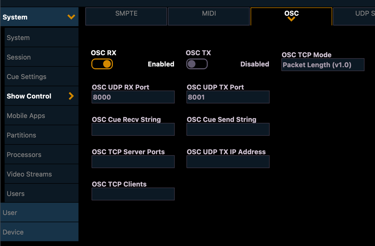 EOS Setup, System, Show Control, OSC tab with OSC RX enabled and OSC UDP RX Port set to 8000