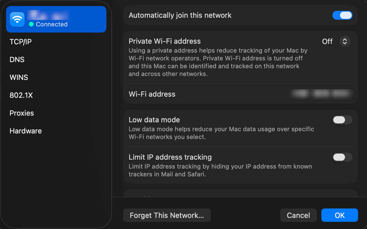 macOS network Details window with Private Wi-Fi address set to Off and Limit IP address tracking turned off