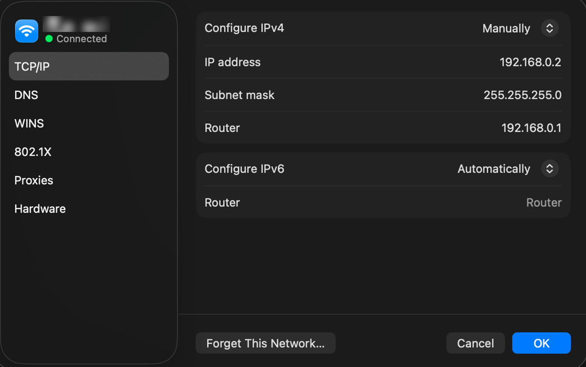 macOS TCP/IP settings with Configure IPv4 set to Manually, IP address 192.168.0.2 and subnet mask 255.255.255.0