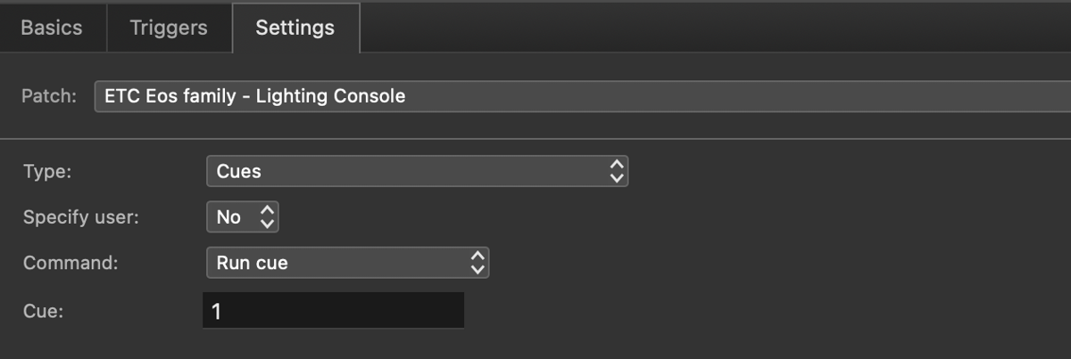 QLab network cue Settings tab with the Lighting Console patch, Specify user set to No, Command set to Run cue and Cue set to 1