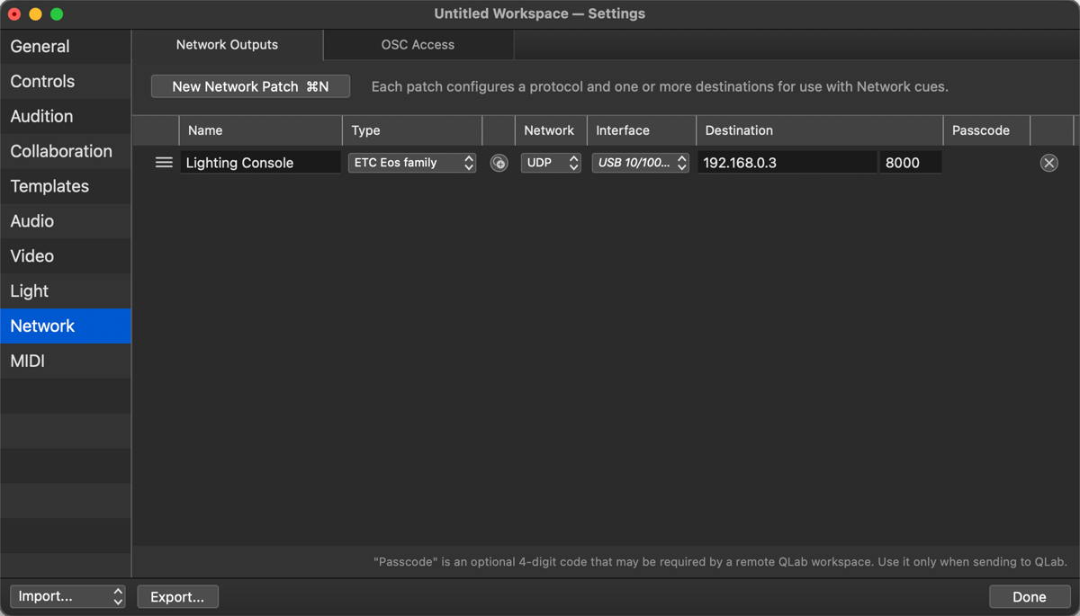 QLab Workspace Settings, Network, with a patch named Lighting Console, type ETC Eos family, UDP, destination 192.168.0.3 and port 8000