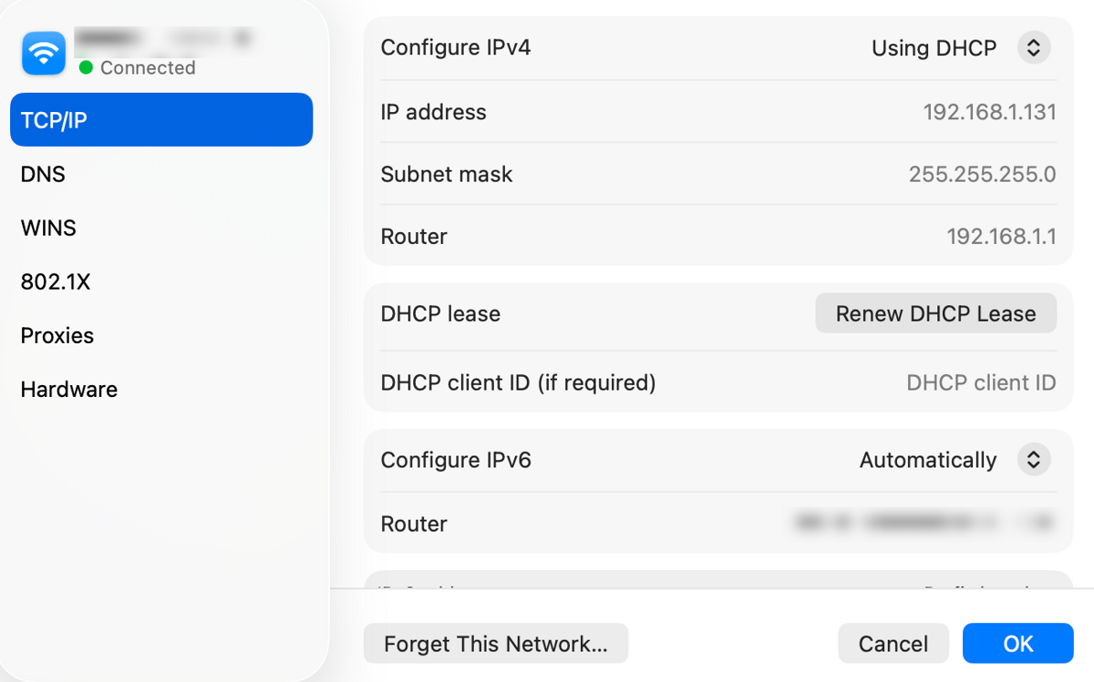 macOS TCP/IP settings on DHCP, showing the Router address 192.168.1.1