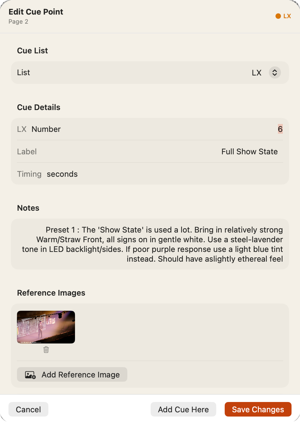The Edit Cue Point sheet: cue list, number, label, timing, notes and a reference image