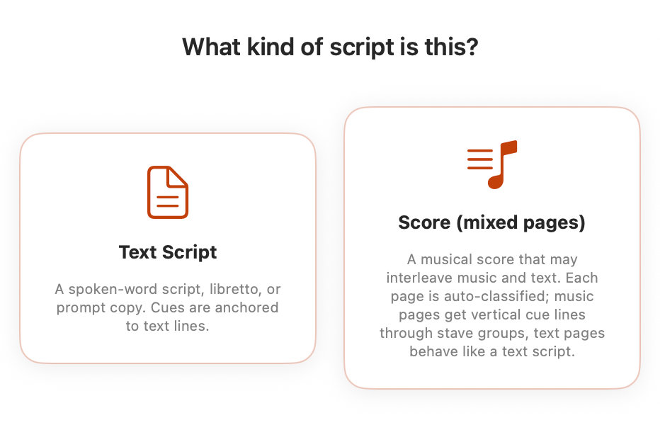 The "What kind of script is this?" picker: Text Script or Score (mixed pages)