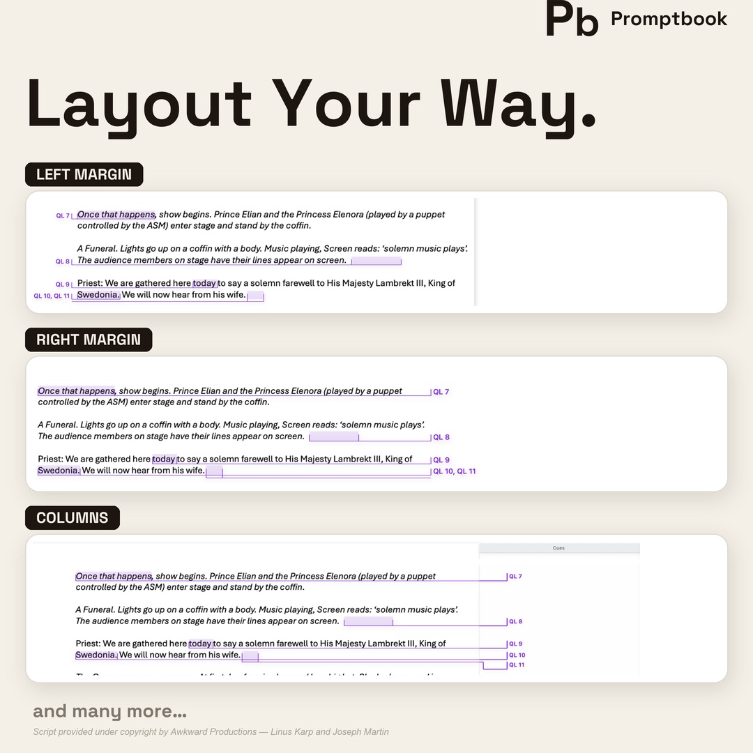 All layouts — choose cue side, notes side, cross-page or inline