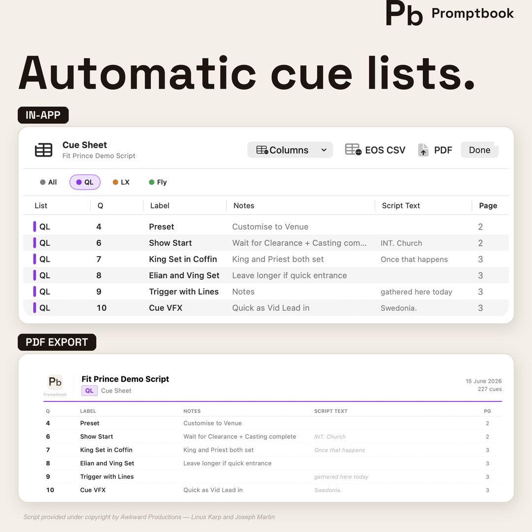 Cue lists — colour-coded lists with numbers, labels and notes
