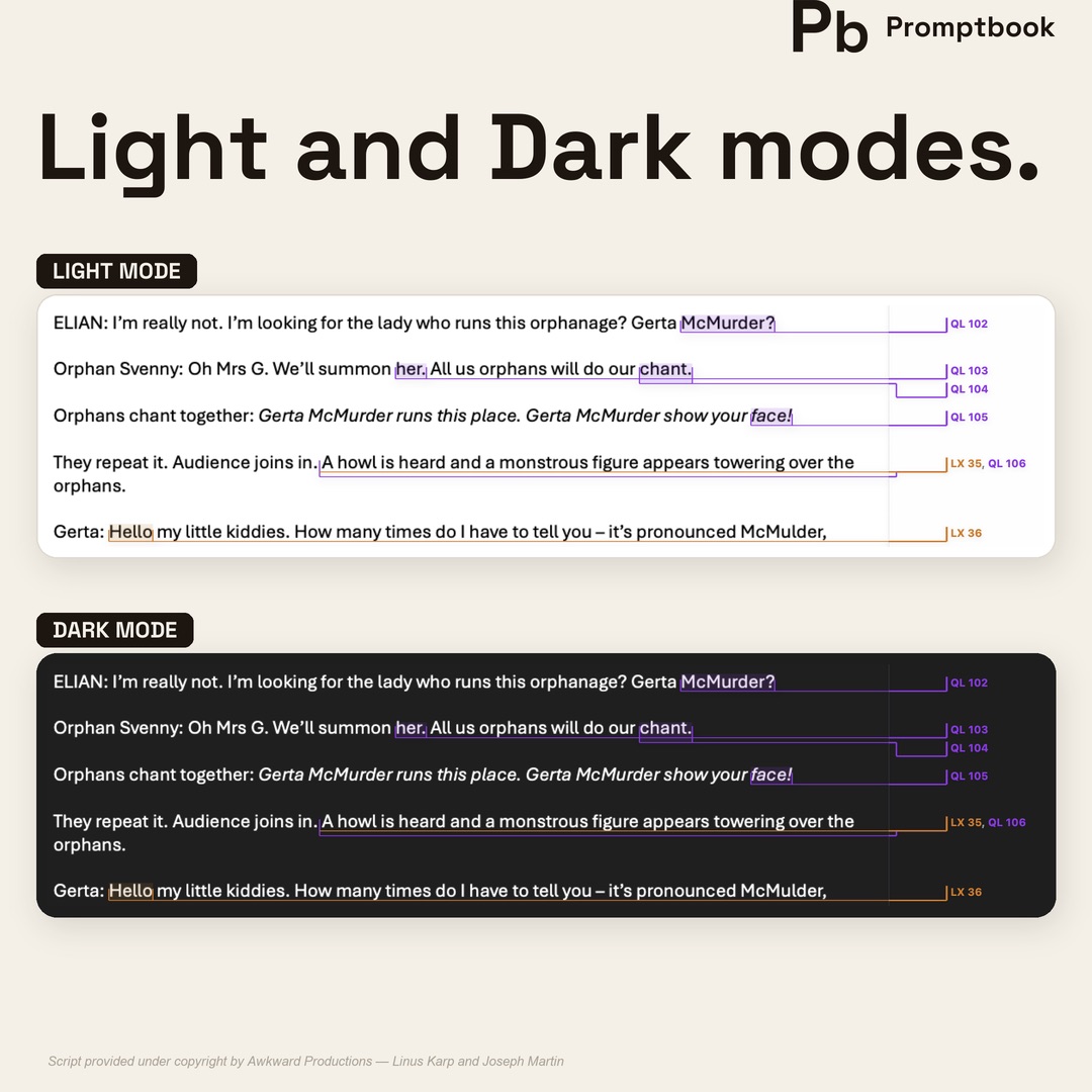 Light and dark — full dark mode for low-light use