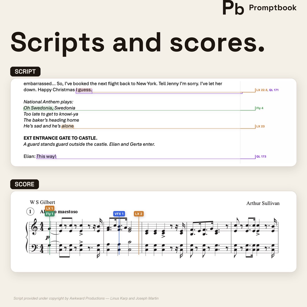 Scripts and scores — mark up text scripts and sheet music