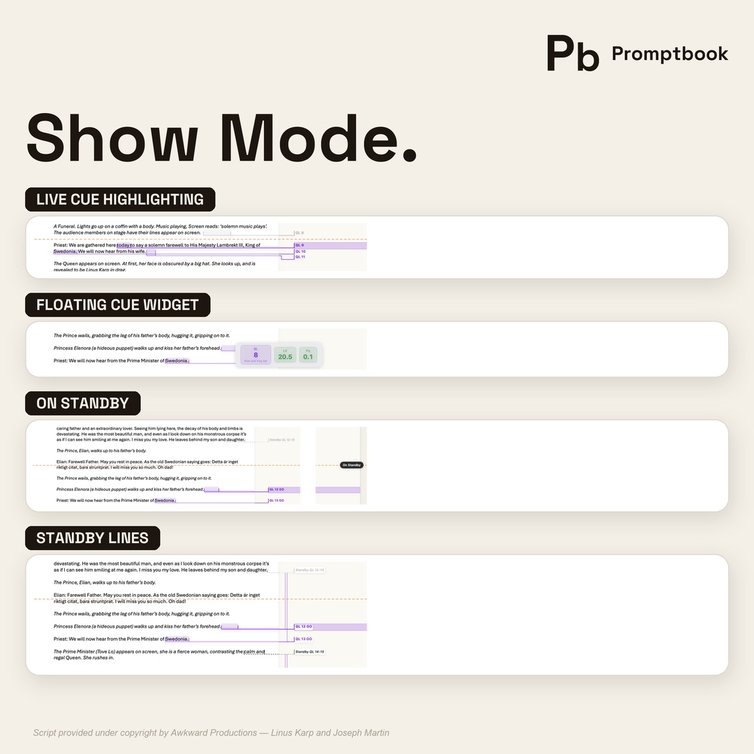 Show Mode — live cue highlighting, floating cue widget, standby indicators and standby lines